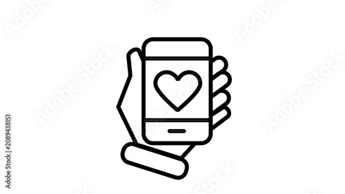 Hand Holding Smartphone Dating App Feedback Animated Icon. Mobile app animation icon showing hand holding telephone displaying heart symbol on monitor, representing social media feedback interaction.