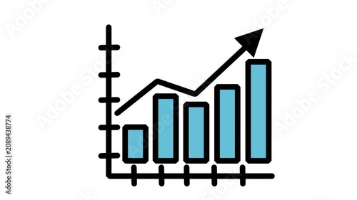 Bar Chart Analytical Analysis and Sales Growth Animated Icon. Business animation icon depicting vertical column bar chart with upward arrow representing marketing growth analysis and successful