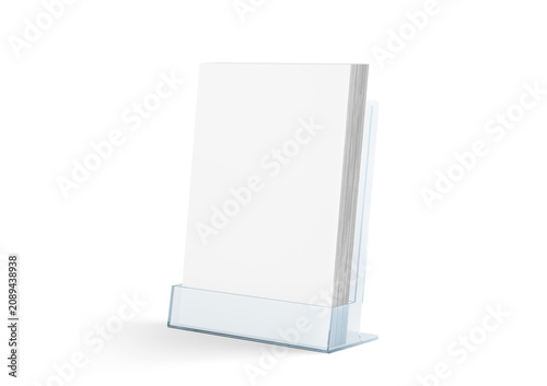 Blank flyer mockup glass plastic transparent holder png, transparent background, 3d rendering. Plain flier stand in plexiglass tray mock up cut out. Clear brochure holding in acrylic pocket. 