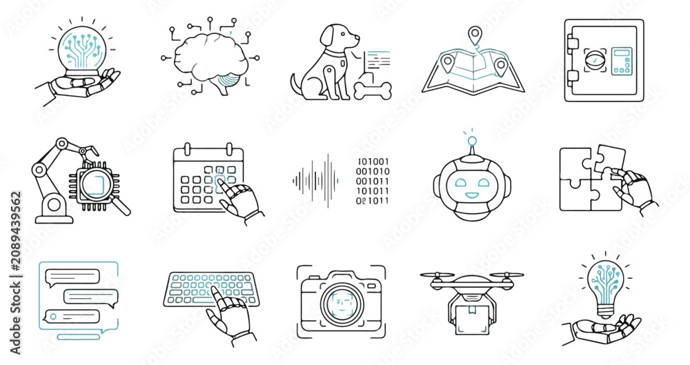 Fototapeta premium Artificial intelligence line icons set, 15 futuristic technology vector elements, robotic automation and machine learning concept symbols for web design