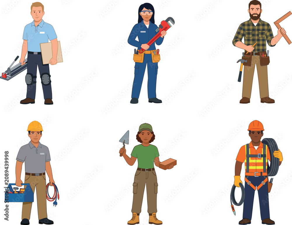 Obraz premium Construction Trades Workers Collection with Skilled Technicians Electricians Carpenters and Mason Illustrations