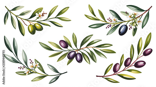 Watercolor olive branches with green and purple olives and white flowers olive tree green olives