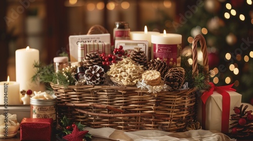 A wicker basket filled with a variety of holiday gifts, including candles, bath products, and other festive items.