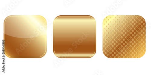 Gold web buttons set isolated on transparent background. Vector golden Christmas 3D square UI elements with glossy, metallic and textured styles for app icon and holiday sale navigation.