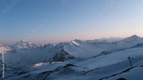 Sunset on Mount Elbrus, view of the mountains and the cable car, Russia
