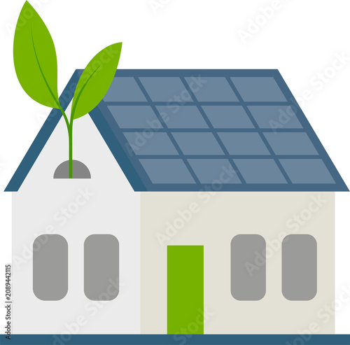 Sustainable home features solar panels, sprouting plant symbolizing eco-friendly living, renewable energy solutions.