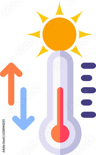 Rising temperatures depict global warming impact, illustrating climate change concerns with sun and thermometer visuals.