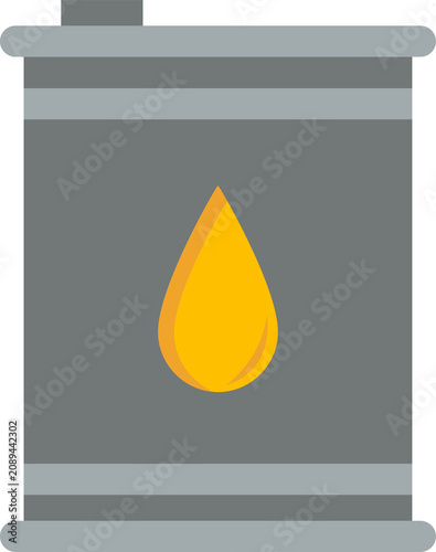 Gray oil drum displays single yellow droplet, representing pollution, waste, environmental concerns, industrial byproduct.