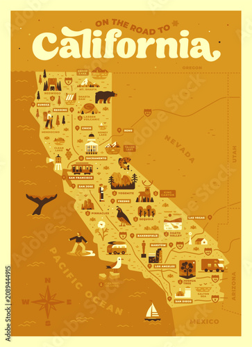California illustrated travel map poster vector. Retro road trip infographic layout with national parks, cities, highways and ocean landmarks, vintage typography banner on orange background.