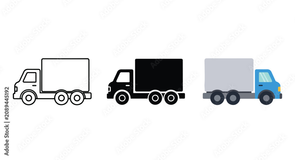 Fototapeta premium Commercial delivery truck vector icon set: Glyph and solid icon set - Icon vector - Editable line icons. Vector illustration