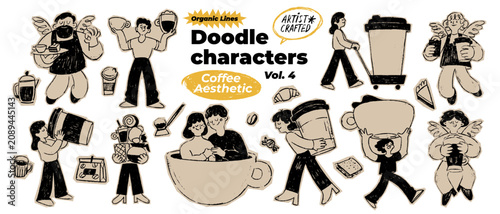 Hand drawn coffee doodle characters and angels collection vector. Cute couple in love, barista, giant cups, cozy cafe aesthetic line art elements set isolated on white background.