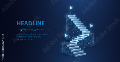 Digital ladder with three flags. Digital success, succeed path, accomplish mission, digital transformation, career ladder growth, technology solutions, business development, future vision concept.
