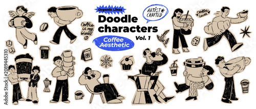 Hand drawn coffee doodle characters and lovers collection vector. Running people, giant cup, mocha pot, holding coffee to go, cozy cafe aesthetic line art set isolated on white background.