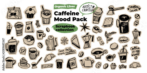 Hand drawn coffee elements and sweets scrapbook collection vector. Cafe aesthetic icons set, coffee beans, cups, croissants, moka pot, cezve, line art doodles isolated on white background.