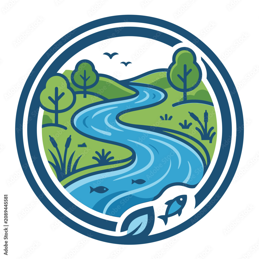 Obraz premium Stylized blue river logo in circular frame.