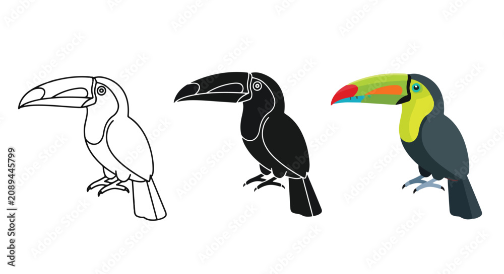 Fototapeta premium Toucan bird flat vector icon set: Clipart, sticker - icon set - Line and glyph solid icon and logo template 