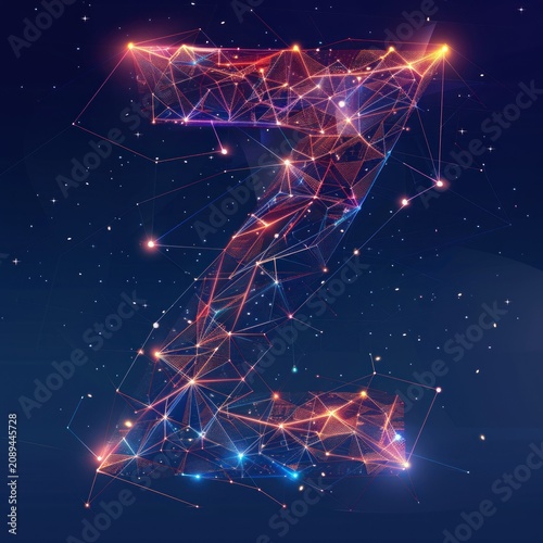 A glowing letter Z formed by a constellation of stars and connected by lines on a deep blue background.
