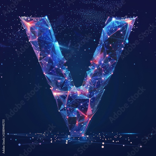 A glowing, polygonal letter V is formed from lines and dots against a dark blue background.