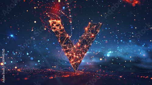 Glowing neon letter V formed from connected lines and dots with a starry background.