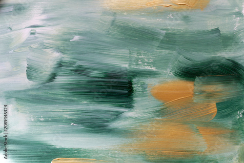 Foto Elegant emerald green abstract acrylic background featuring expressive gold brush strokes and rich painterly texture