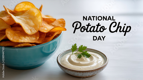 A bowl of potato chips served with a side of dipping sauce, celebrating National Potato Chip Day