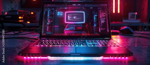 A modern laptop with a glowing screen and a retro computer on the display.
