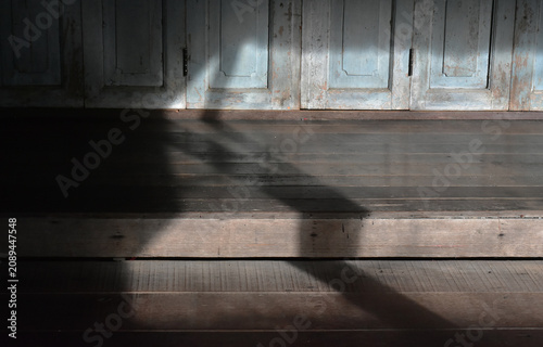 The floor is made of natural wood, and light and shadows reflect off it.