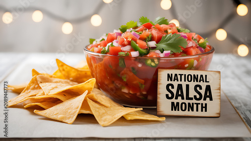 A bowl of fresh salsa with tortilla chips and a sign reading 'National Salsa Month' on a wooden table with string lights in the background.