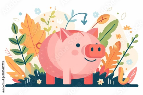 A cheerful pink piggy bank surrounded by leaves and flowers, symbolizing saving and growth.