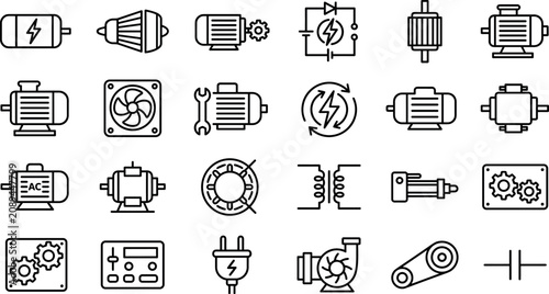 Obraz na płótnie Electric motor icon set with industrial engine generator pump transformer gear a