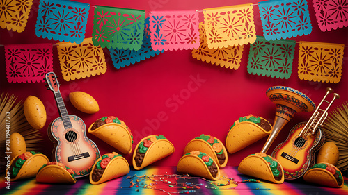 Colorful Mexican fiesta scene with tacos, guitars, maracas, and papel picado decorations on a vibrant red background