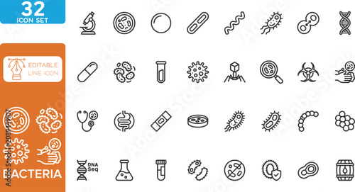 Schilderij op canvas Bacteria line editable Icons set