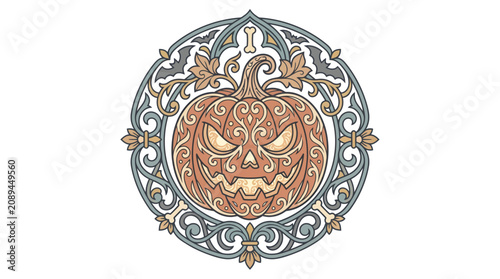 Obraz na plátne A spooky jack-o-lantern face is carved inside an ornate circular frame for 20260701