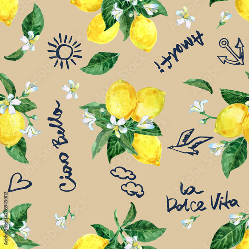 Amalfi Lemon Watercolor Seamless Pattern with Hand Drawn Ciao Bella and La Dolce Vita Italian Lettering on Beige Background. Vintage Citrus Vector Illustration for Fabric and Wallpaper.
