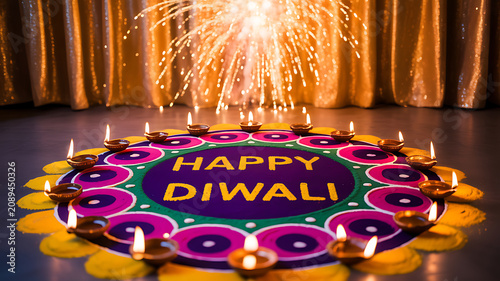 Colorful Diwali rangoli with lit oil lamps and sparklers in the background
