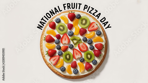 A fruit pizza topped with strawberries, kiwi, blueberries, and orange segments, celebrating National Fruit Pizza Day.