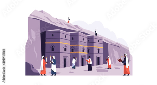 Ancient Monastery in Mountainous Landscape, Monks Praying, Religious Architecture