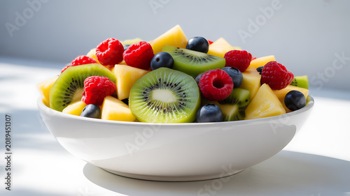 A bowl of fresh fruit salad featuring kiwi, raspberries, blueberries, and pineapple slices.