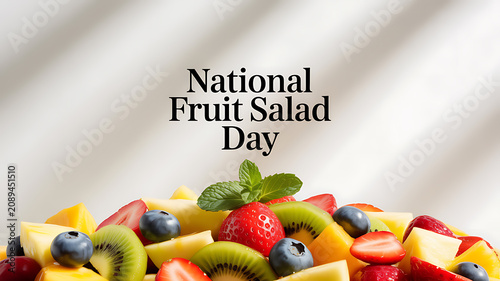 National Fruit Salad Day celebration with a colorful assortment of fresh fruits including strawberries, kiwi, blueberries, and mango