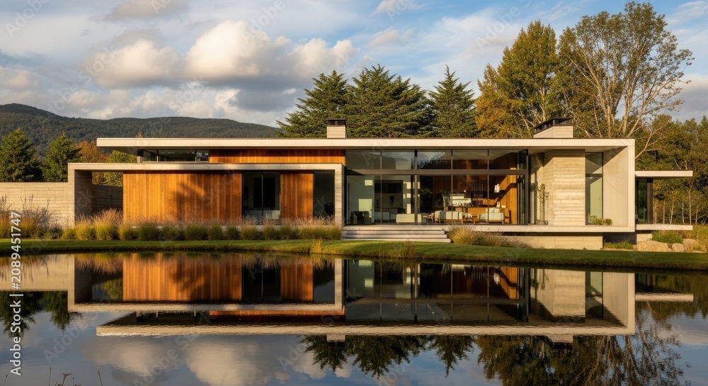 Fototapeta premium Modern glass villa reflecting in calm pond at sunset.