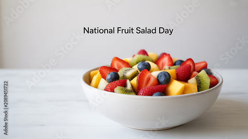 A bowl of colorful fruit salad featuring strawberries, kiwi, blueberries, and pineapple on a white surface.