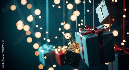 Festive christmas giftbox collection with bokeh lights holiday present display