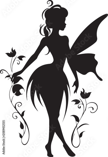 Bild auf Leinwand Black silhouette of beautiful fantasy fairy with butterfly wings standing and holding flowers