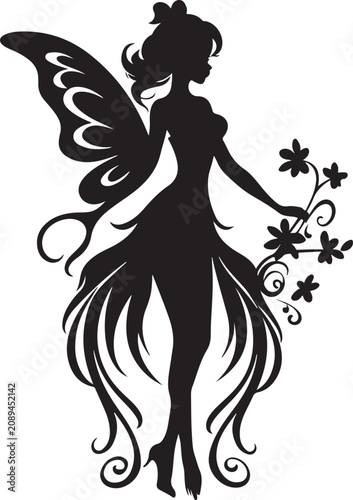 Foto Black silhouette of beautiful fairy with intricate wings and flowing dress holding flowers