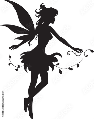 Foto Black silhouette of graceful flying fairy with delicate wings and swirling vines