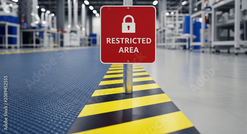 Restricted area red warning sign in industrial factory, secure zone with yellow hazard floor tape, private manufacturing facility access control