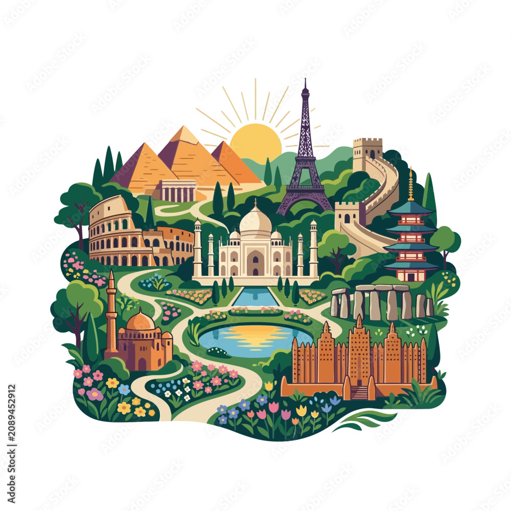 Fototapeta premium Famous World Landmarks and International Travel Wonders Vector Illustration