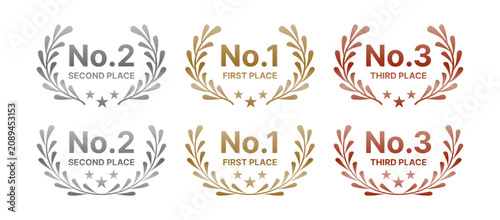 Laurel Wreath Award Badge Collection with Gold, Silver and Bronze Winner Emblems for First, Second and Third Place Vector Set