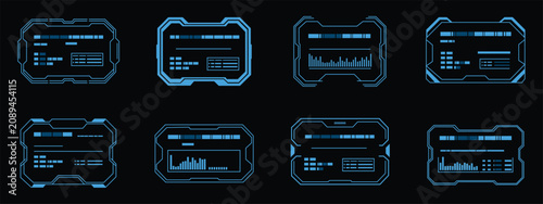 Futuristic HUD data screen elements set with sci-fi user interface panels displaying graphs. Vector illustration of abstract cyberpunk technology digital scoreboard layout, gaming stream control info.
