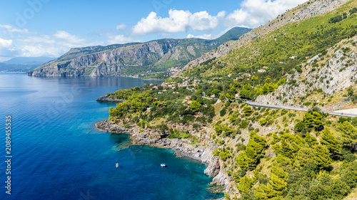 Scenic panoramic coastal view near Maratea, in the Basilicata region of Italy.